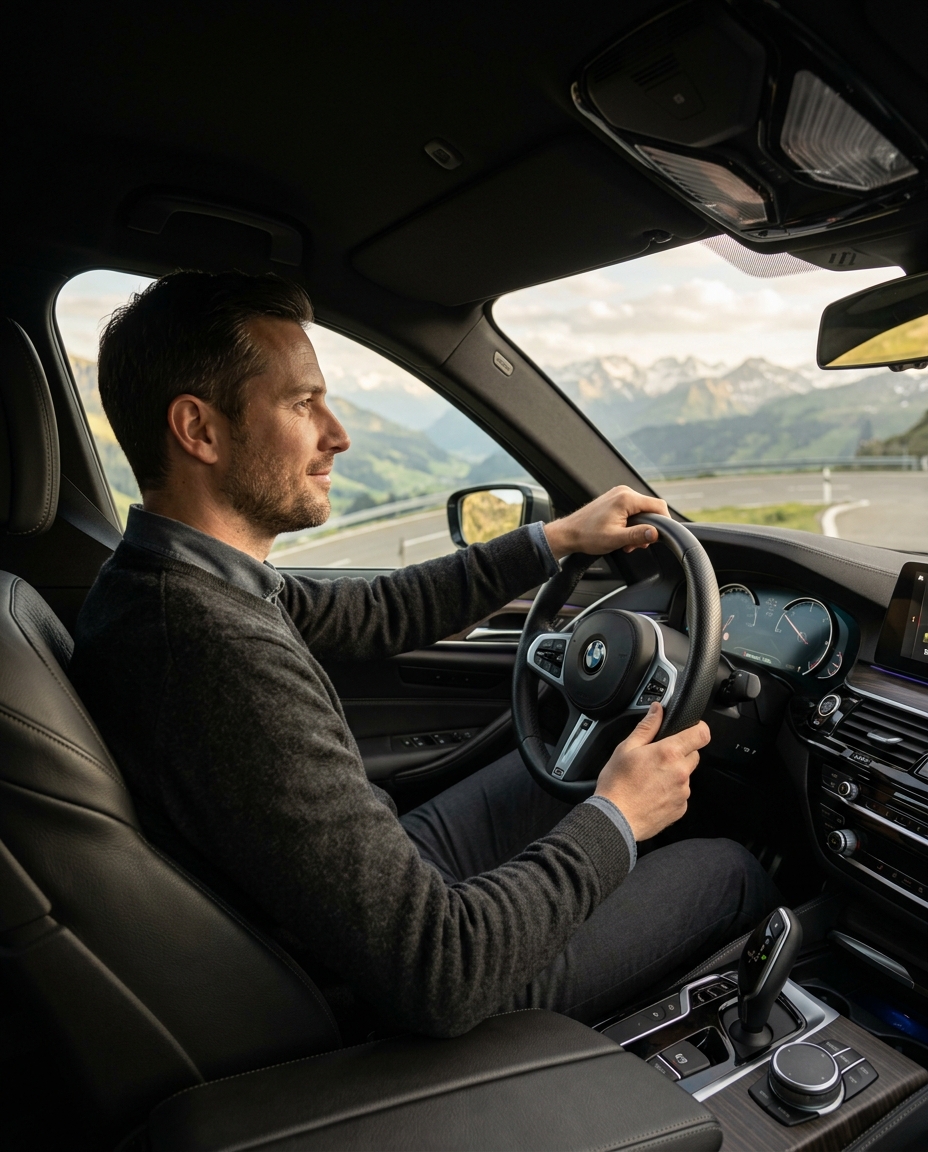Conducteur serein au volant — paysage suisse