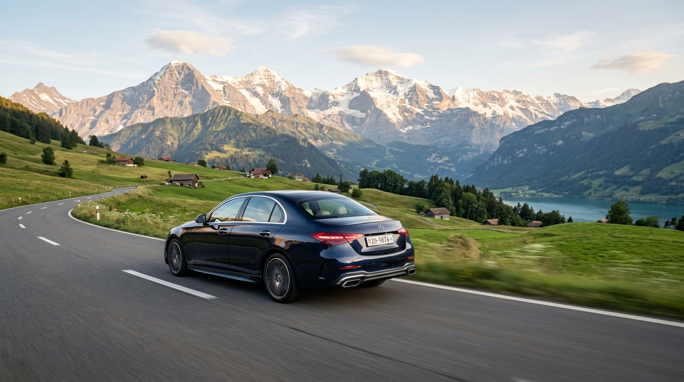 Voiture moderne sur route panoramique suisse