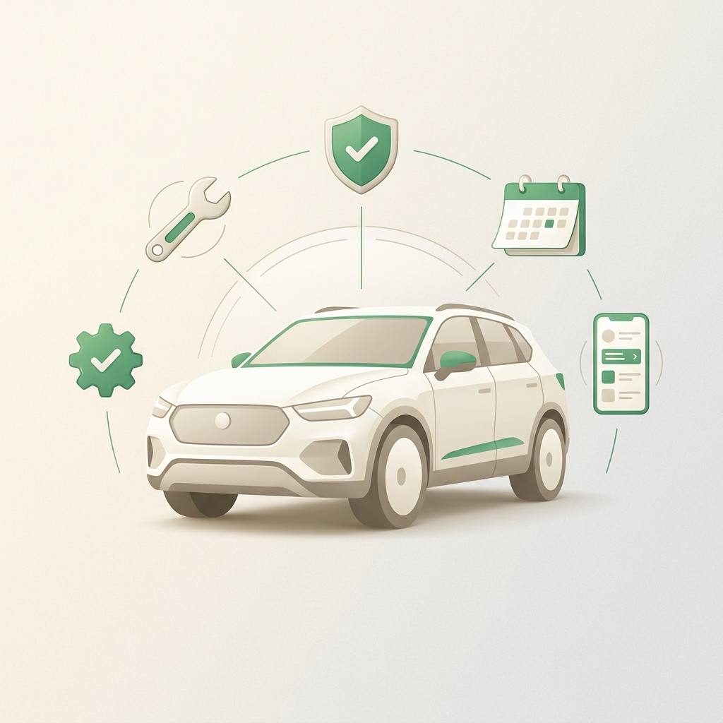 Illustration de l'écosystème CarMaintenance : entretien, confiance, abonnement, suivi digital